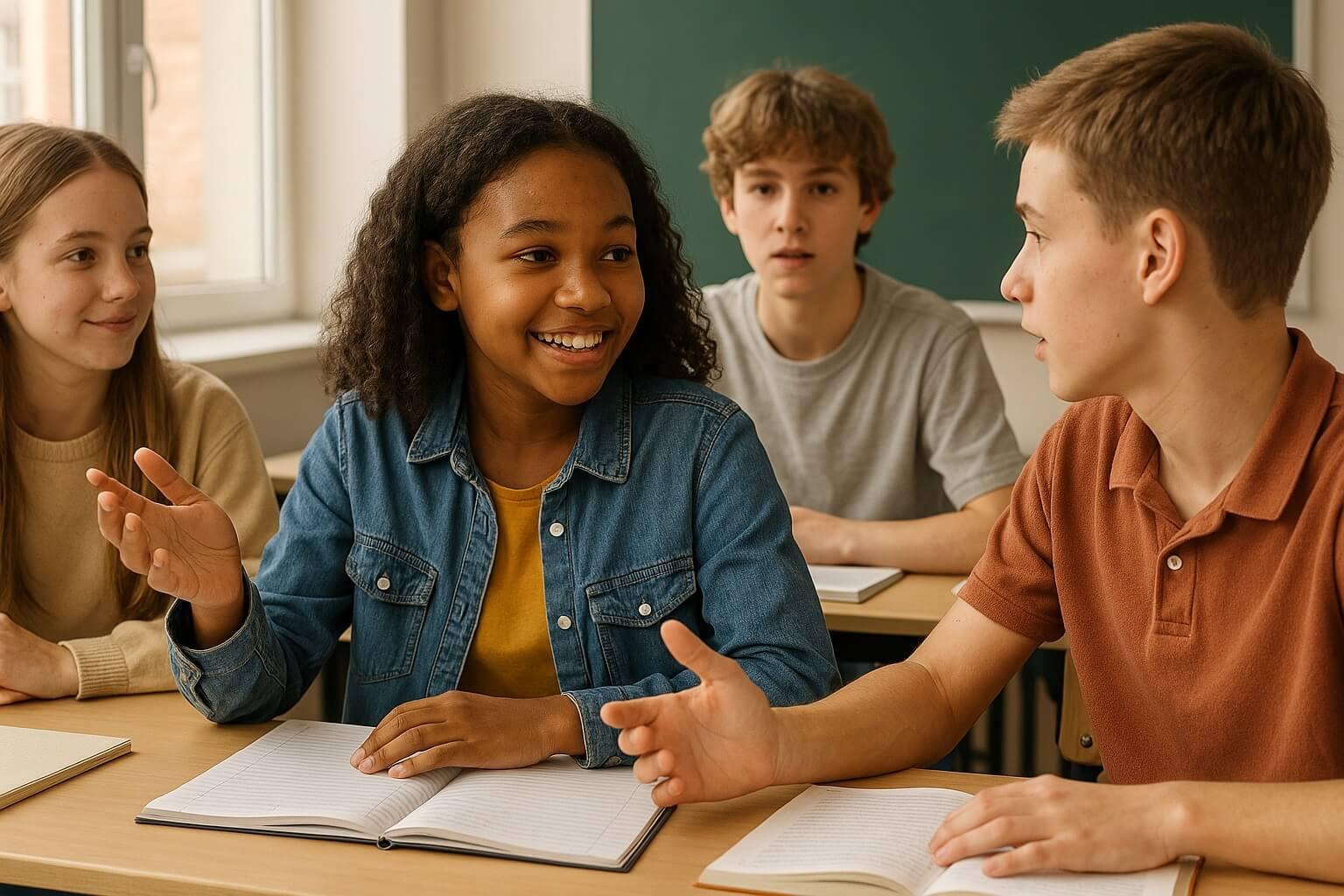 Adolescente hablando con sus compañeros durante una actividad en clase de inglés.